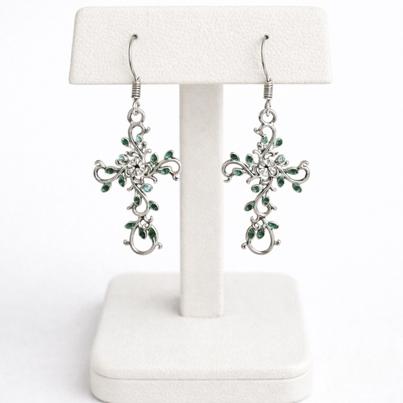 Jewelry - Silver Tone Cross Dangle Earrings Green Crystal Filigree